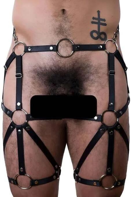 black faux leather full body harness with five gold O-rings, adjustable waist and thigh straps, cross-strap leg band detail