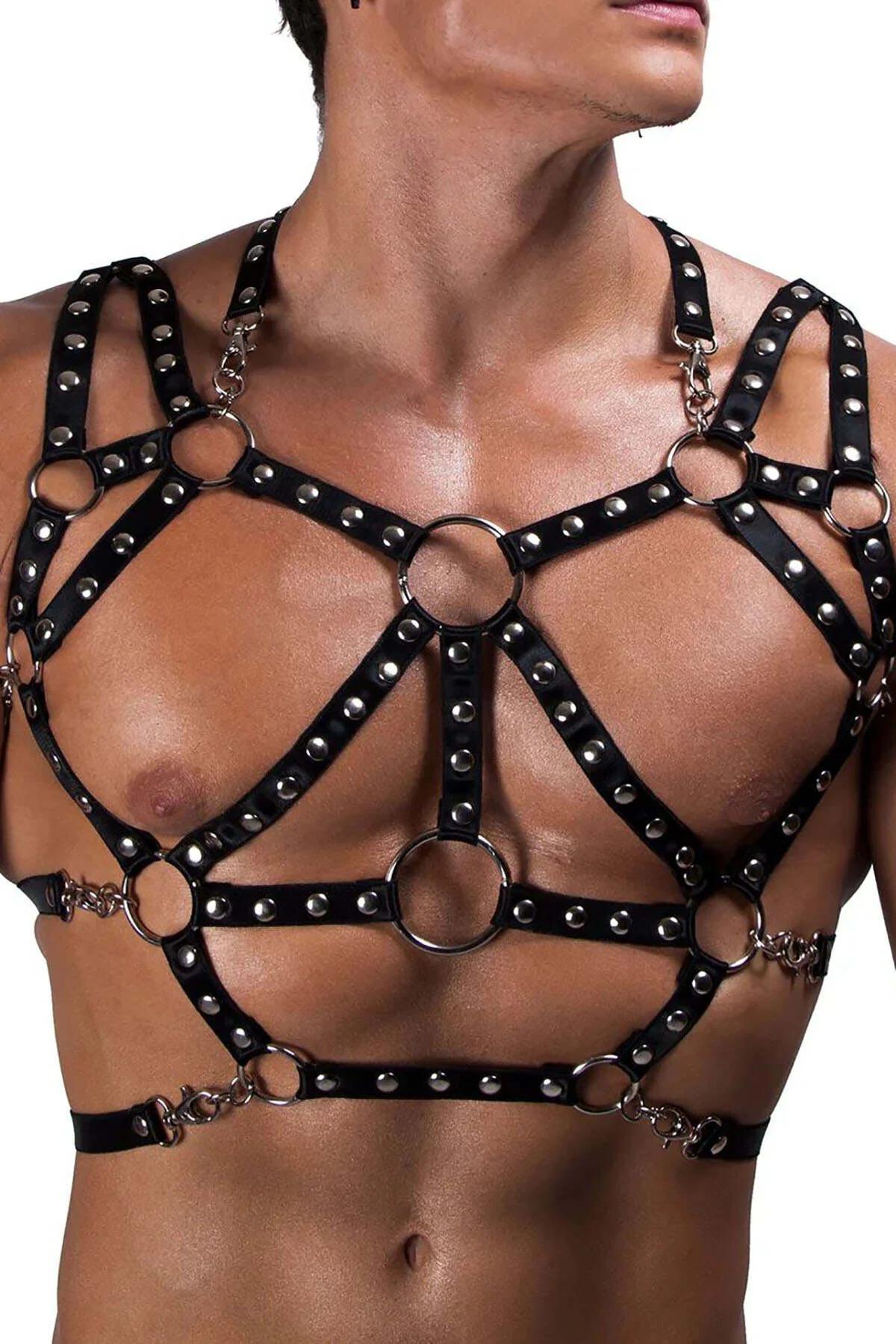 Side view of black harness showing lobster-clasp chain connectors at hip points