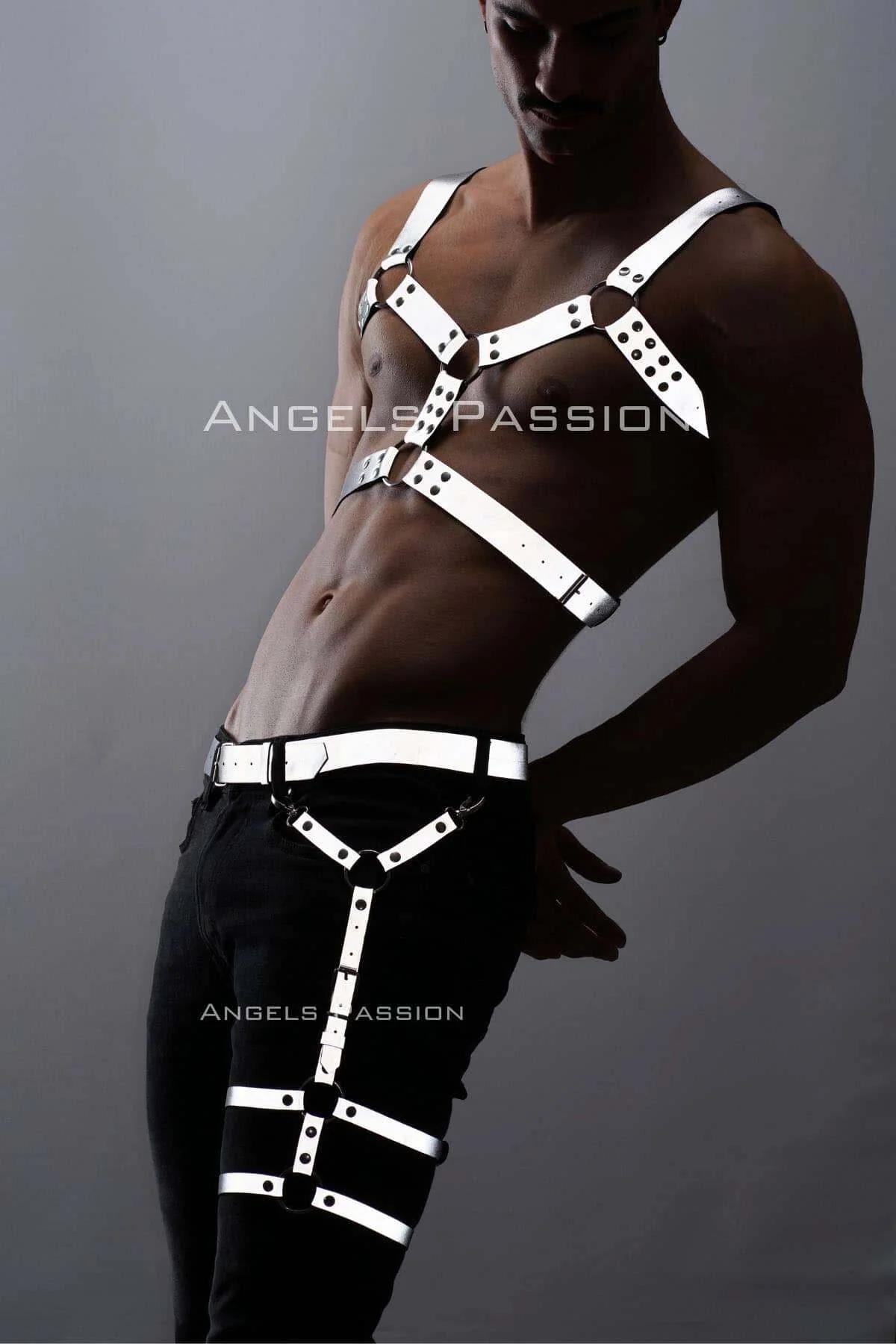 Back view of reflective white chest harness showing metal buckle closure and strap adjustment
