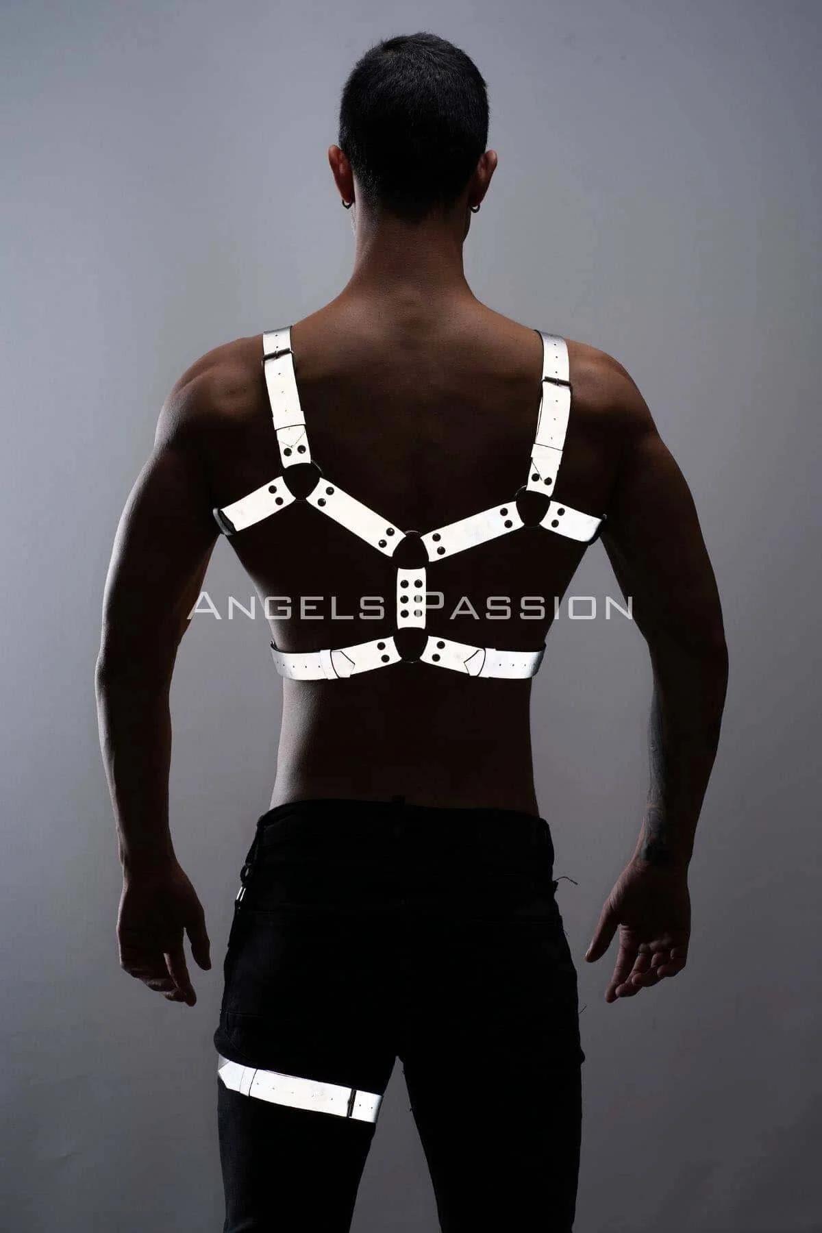 Full set reflective white harness worn over bare torso showing chest and thigh pieces together