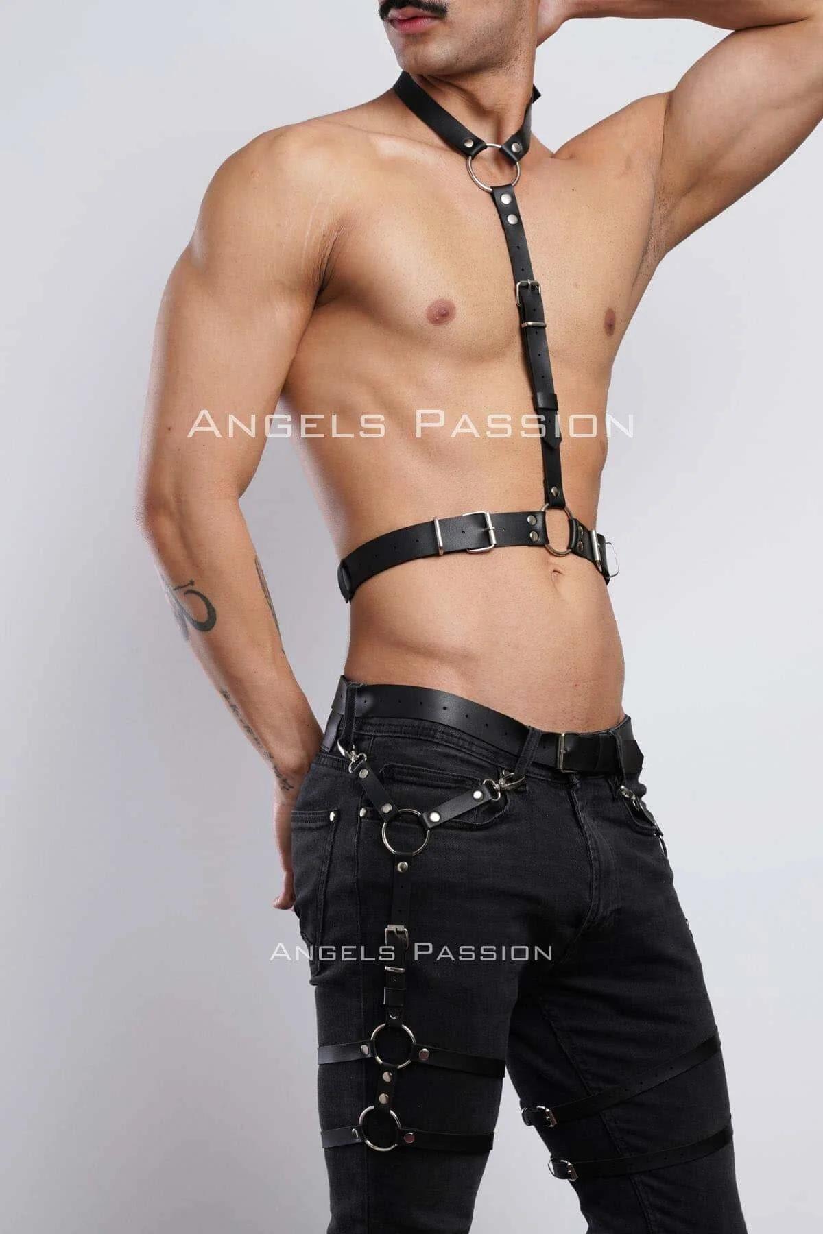 Men black PU leather chest harness with center O-ring and adjustable waist band