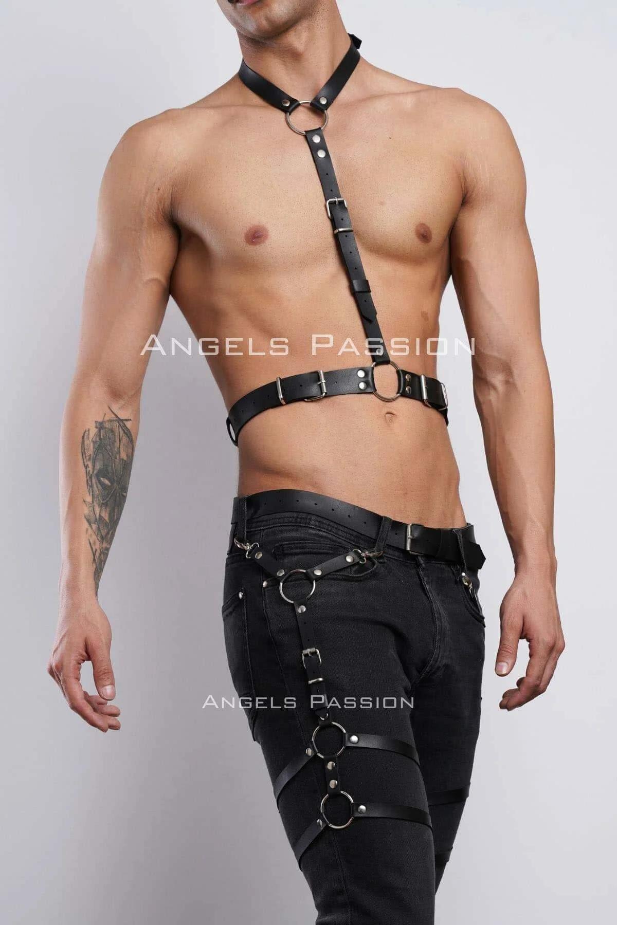 Black thigh leg harness with two horizontal bands and hanging O-ring detail worn over jeans