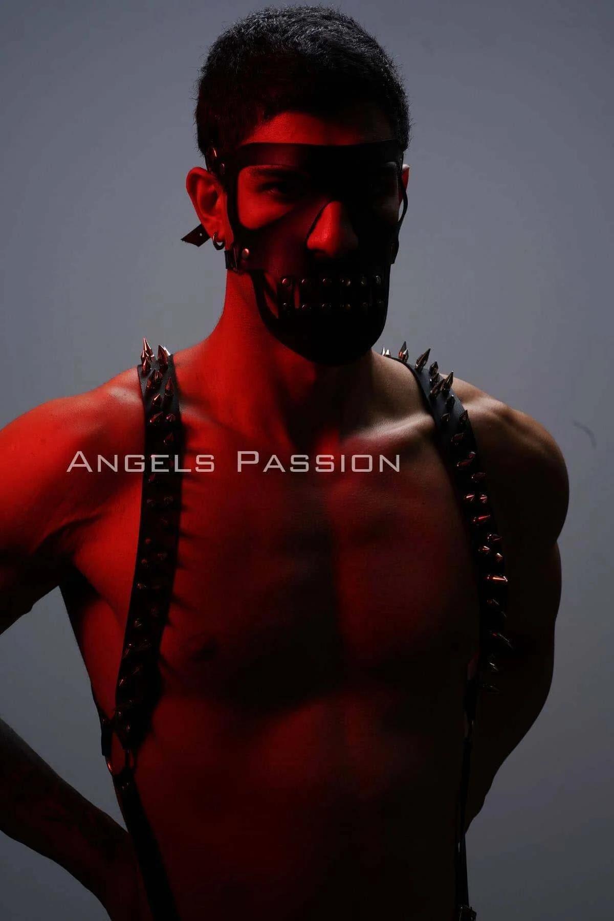 back view of studded suspenders harness with black faux leather connecting back strap