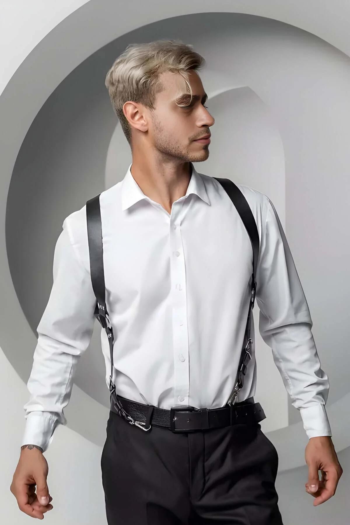 Adjustable black faux leather shoulder harness showing four buckle adjustment points across upper back