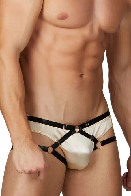 men's cream satin brief with black faux leather X-straps and gold O-rings detail close-up