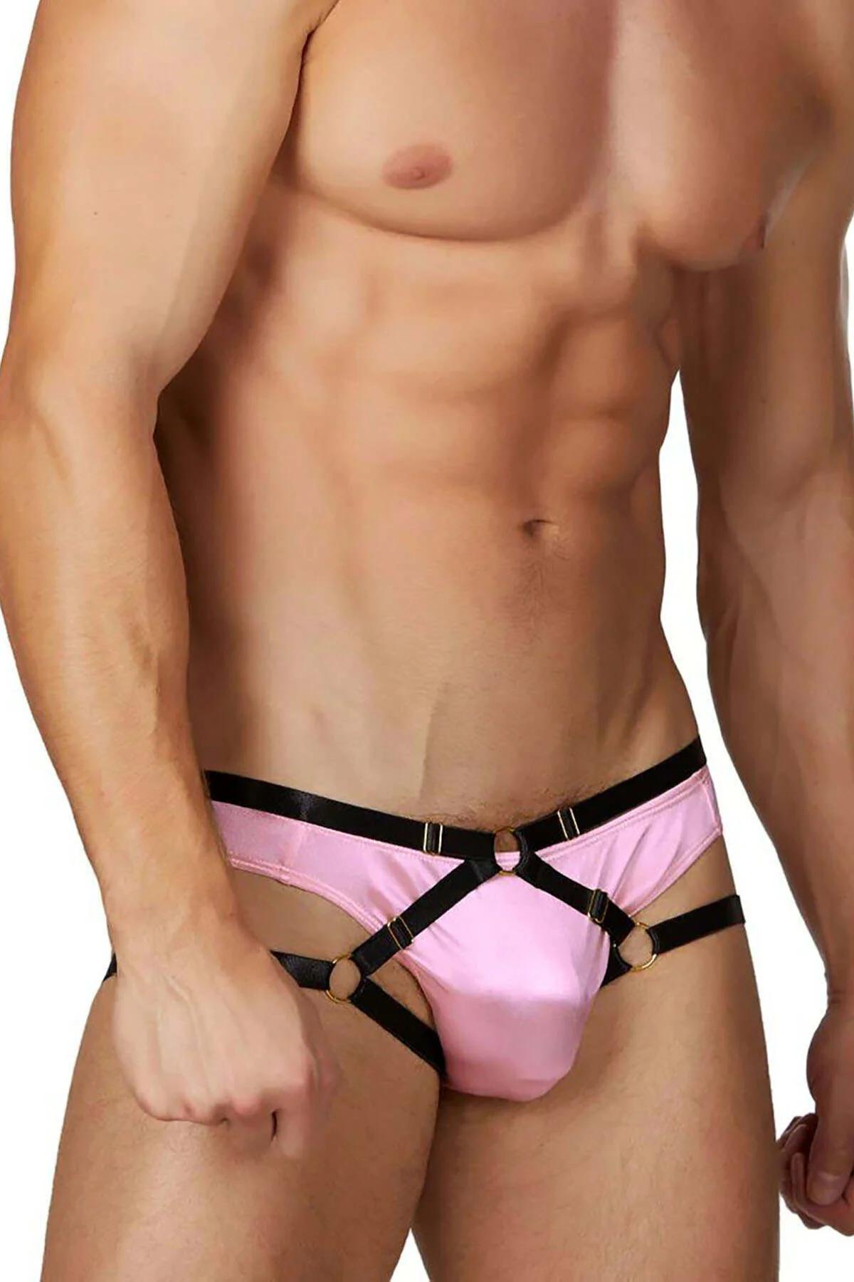 men's satin harness brief full front view showing cross-strap layout and cream fabric panel