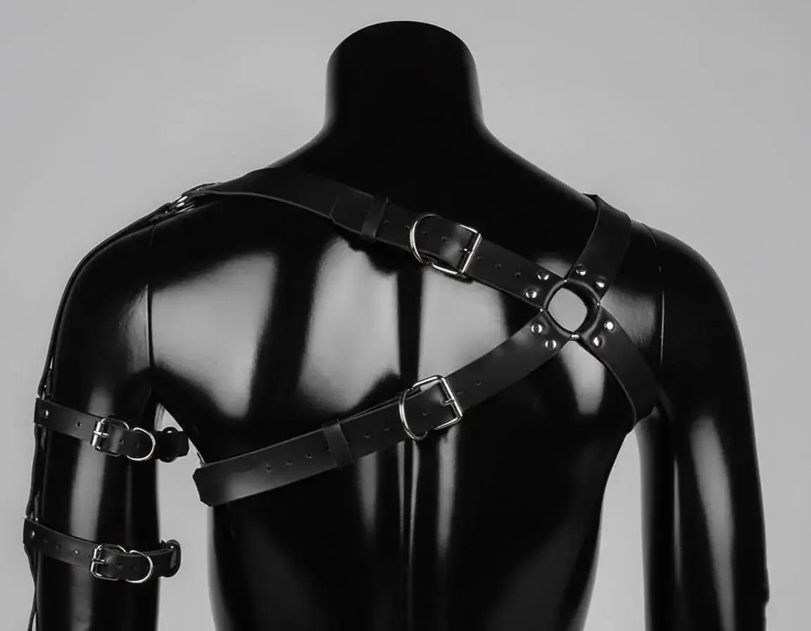 Tek omuz erkek harness kol bandı yakın çekim, metal toka ve nikel kaplama O-ring