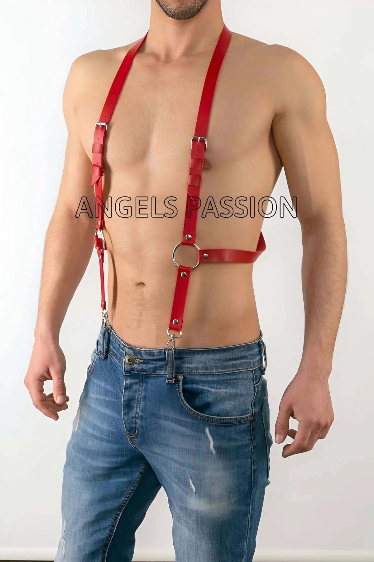 back view of red faux leather suspender harness showing vertical strap and shoulder buckle adjustment
