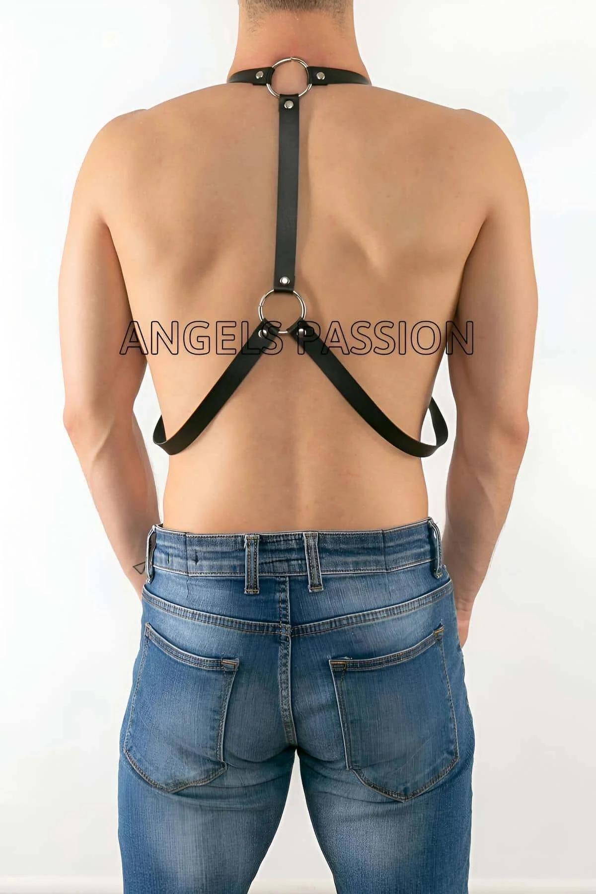 Rear view of black adjustable body harness with four silver buckles and clean strap routing