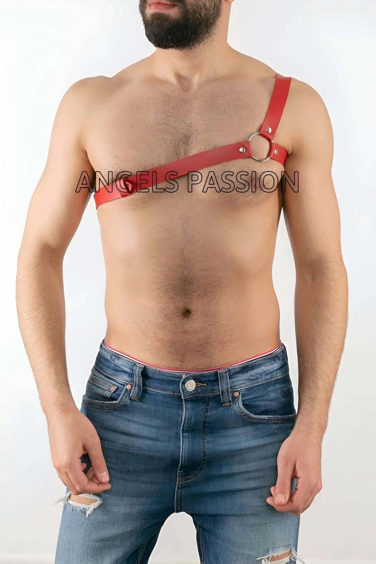 Close-up of silver O-ring center detail on red PU vegan leather chest harness strap
