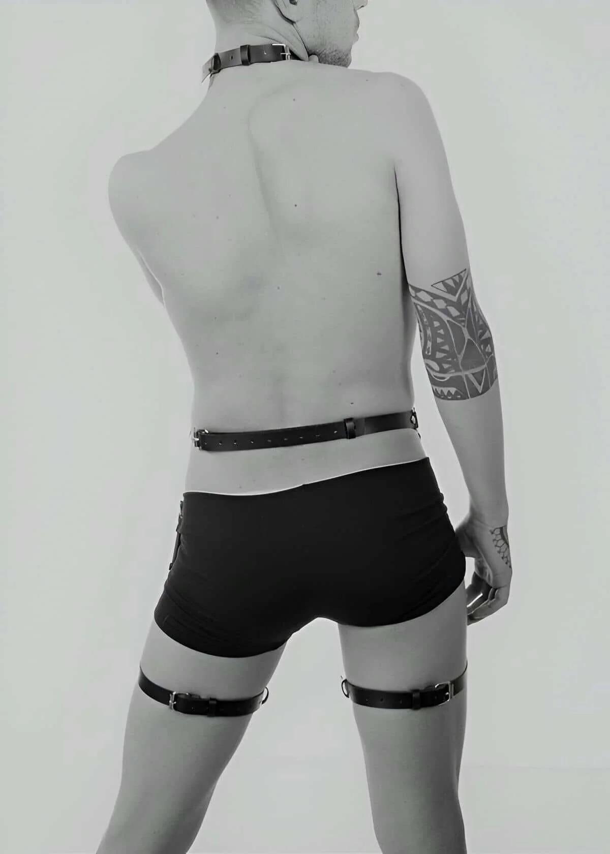 Black PU leather collar and chest strap detail with silver O-ring and roller buckle hardware