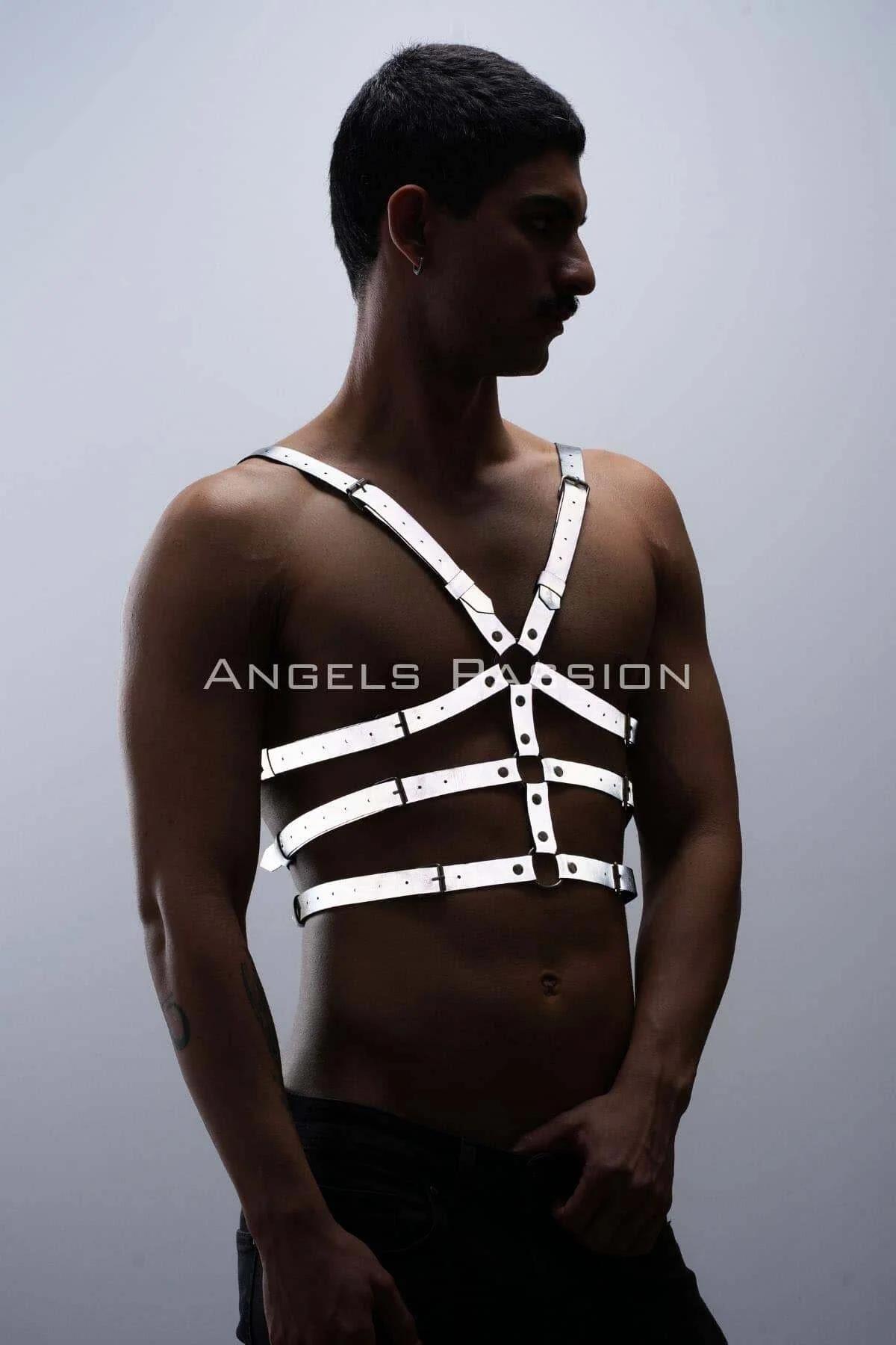 front view white reflective multi-strap chest harness showing X-cross shoulder strap configuration
