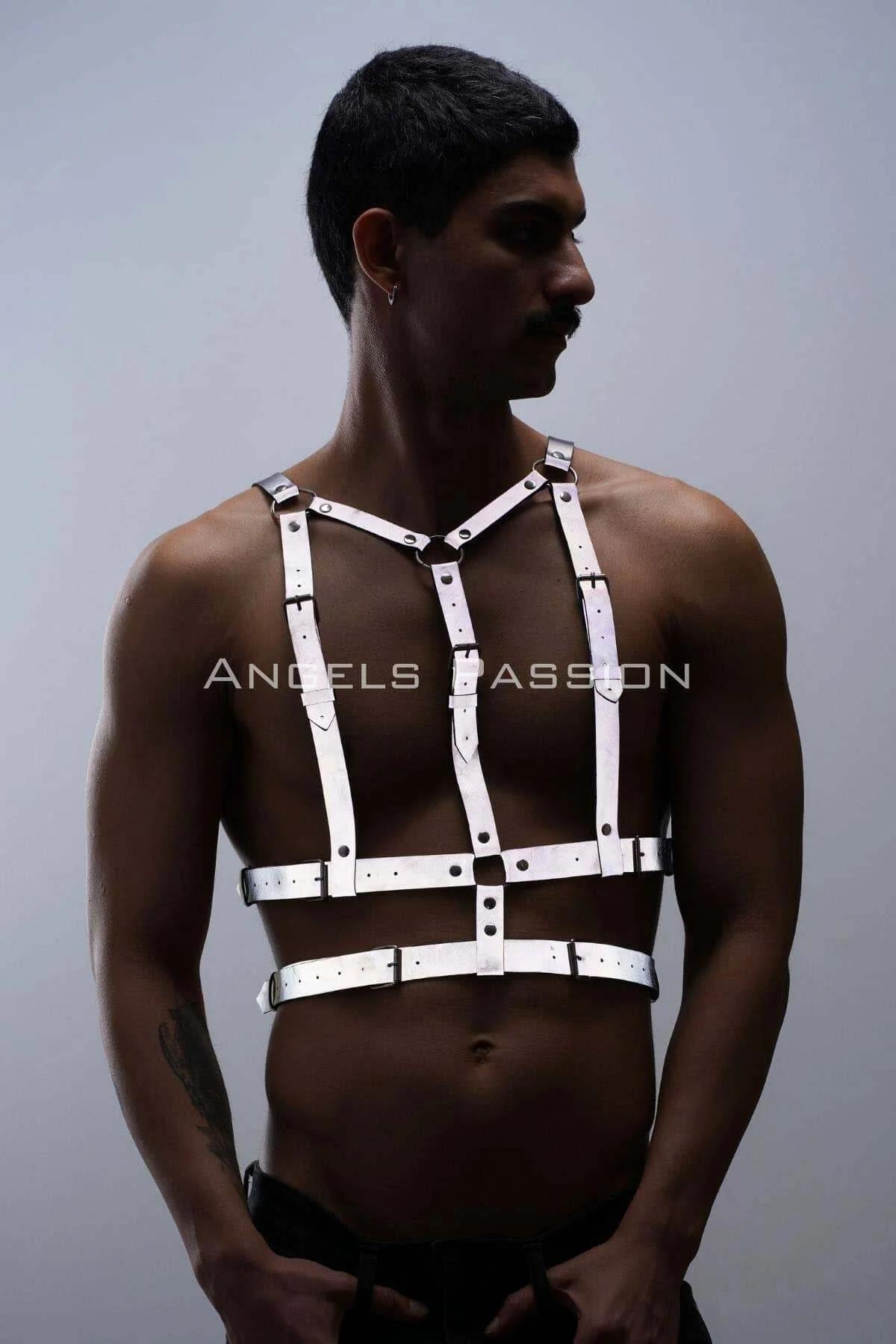 Reflective white faux leather chest harness front view showing Y-frame strap layout and silver buckles