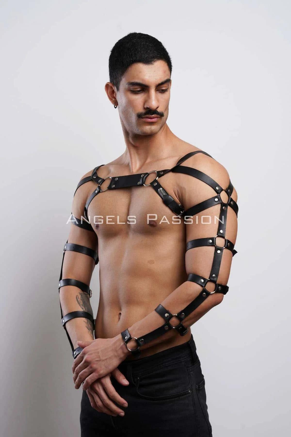 Side angle black faux leather harness showing four arm band wraps and adjustable pin buckles