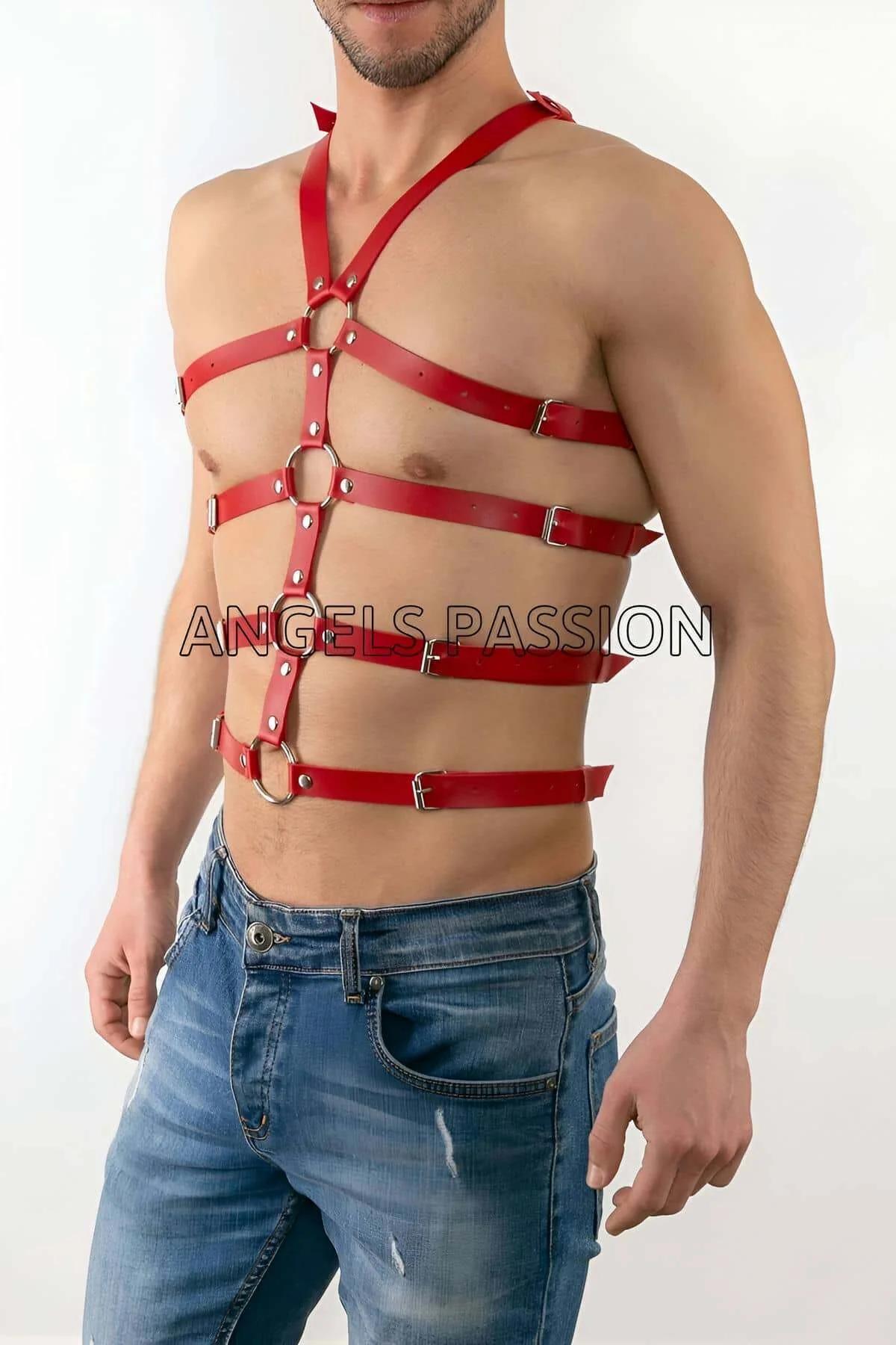 Red body harness V-shoulder strap meeting top O-ring at chest level, front view