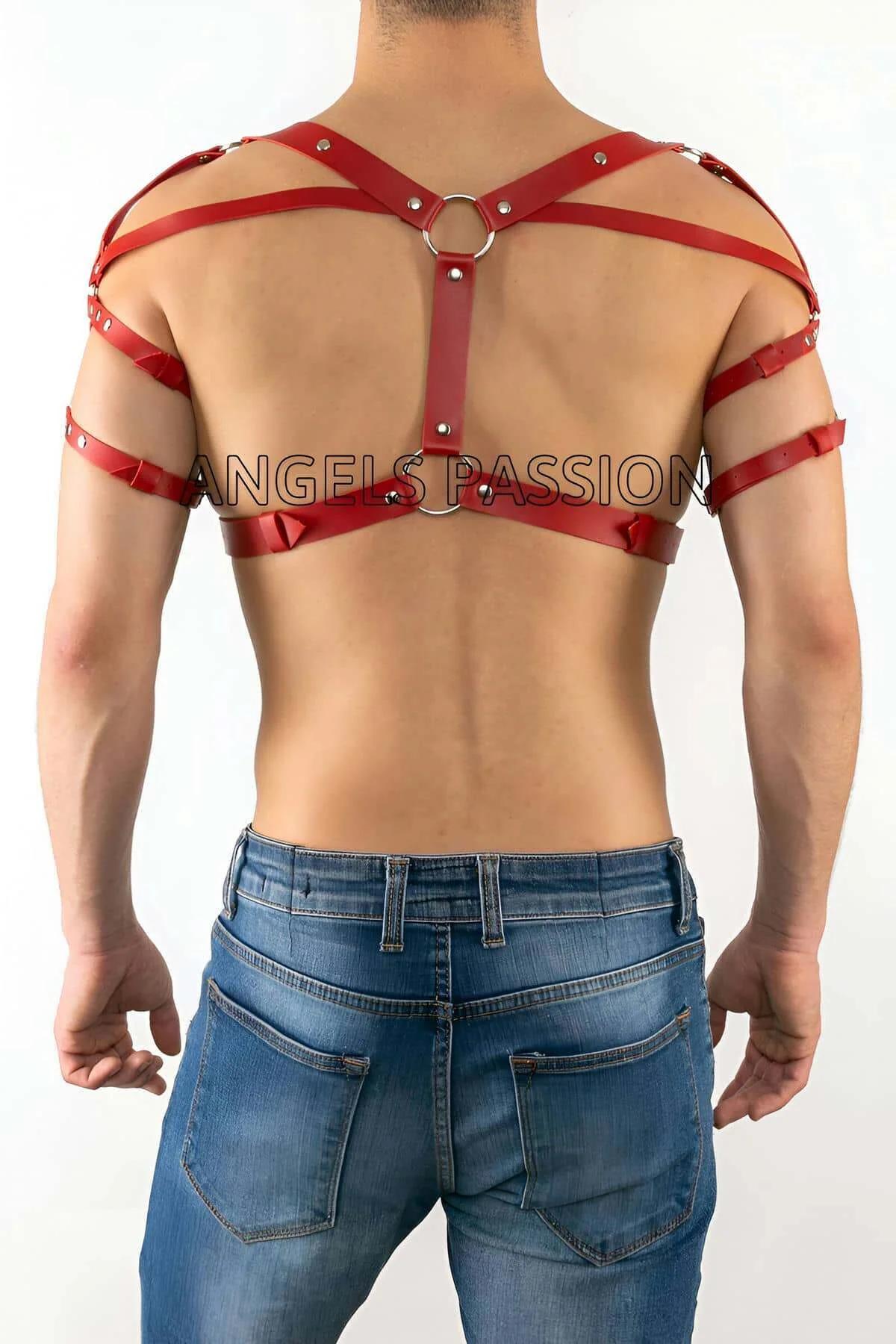 red strappy men chest harness with adjustable buckles and horizontal chest band