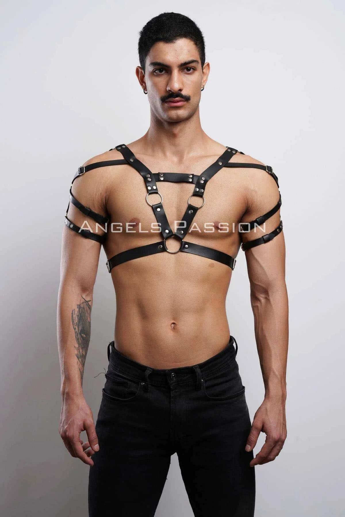 adjustable black faux leather cage chest harness shoulder strap side angle