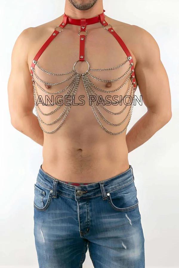 red faux leather mens chest harness with cascading silver chains and central O-ring, front view