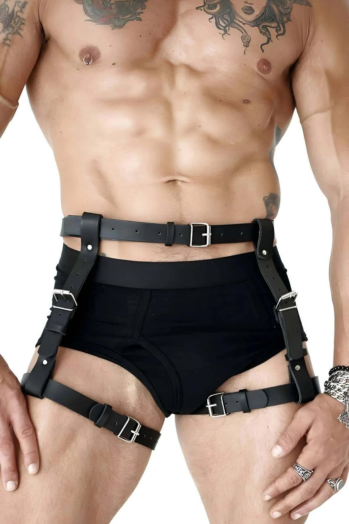 Close-up of silver-tone rectangular buckle on black PU leather waist belt harness