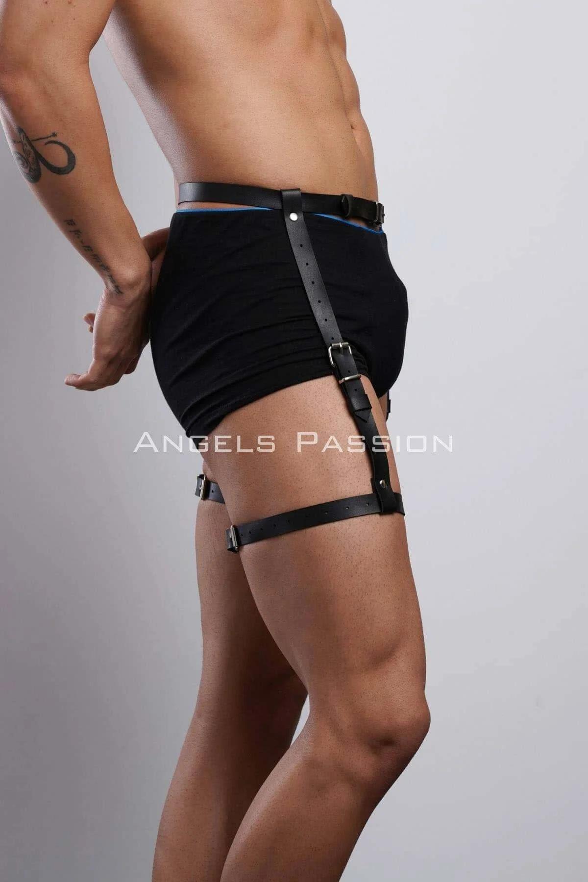 Close-up of silver rectangular buckle on black faux leather waist belt with punch-hole adjustment