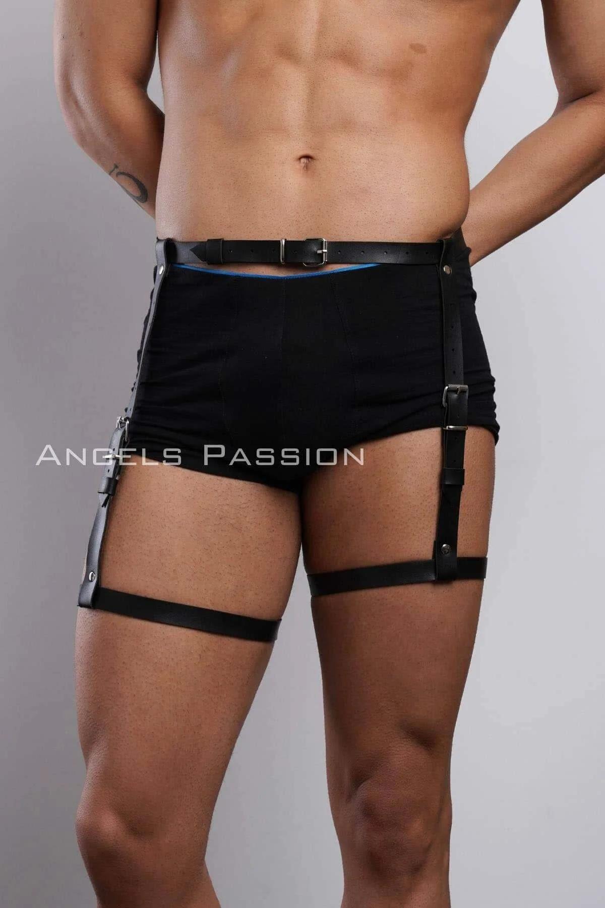 Side view of black leg harness thigh band with vertical connector strap and snap rivets