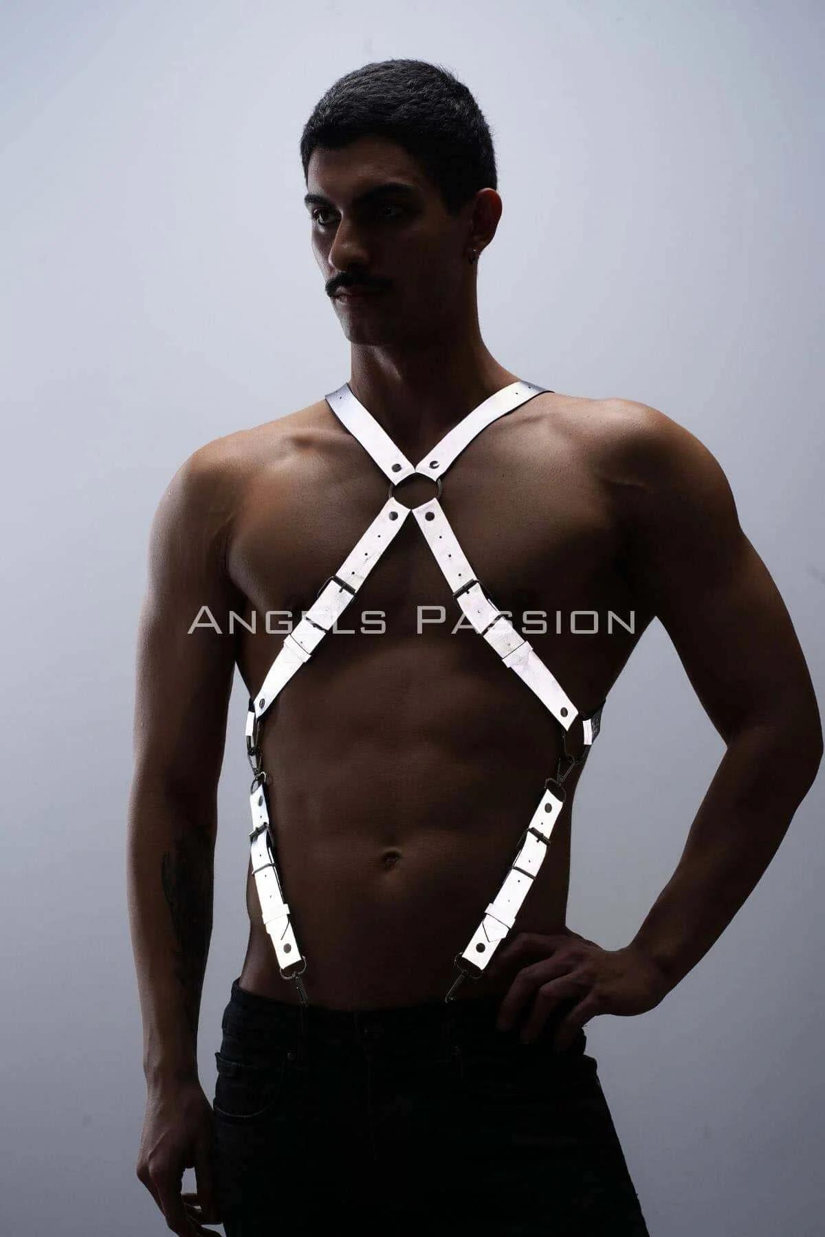 erkek festival clubwear harness reflektörlü beyaz kayışlar bel askısı