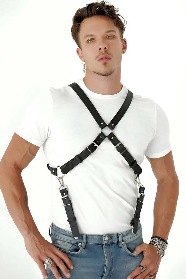 Black faux leather mens suspender harness X-cross chest design with silver carabiner clips worn over white t-shirt