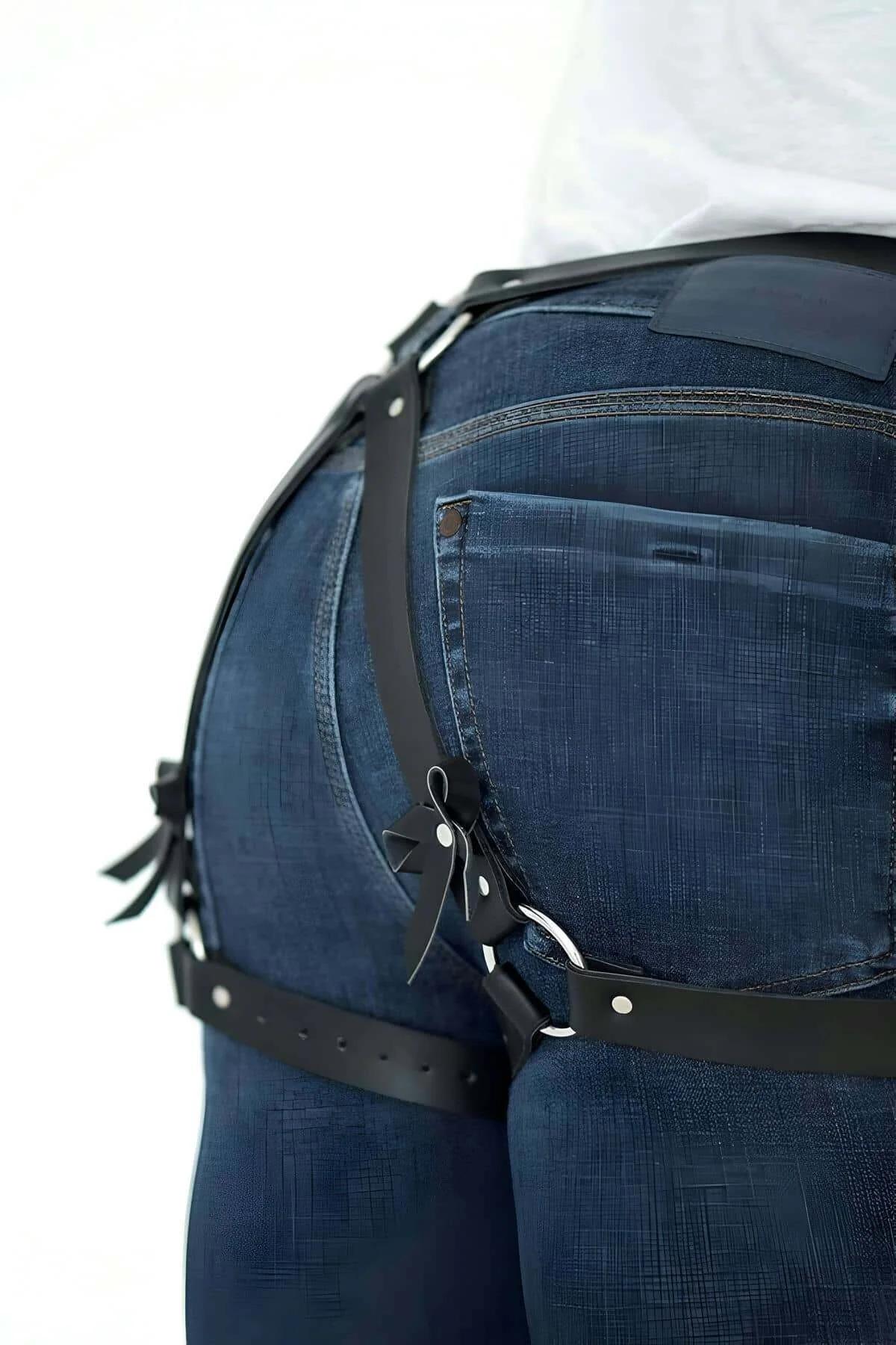 Close-up of black PU leather thigh band with bow-knotted strap accent and silver O-ring buckle
