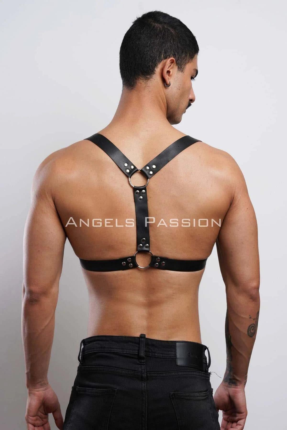 Black faux leather chest harness adjustable straps from back view