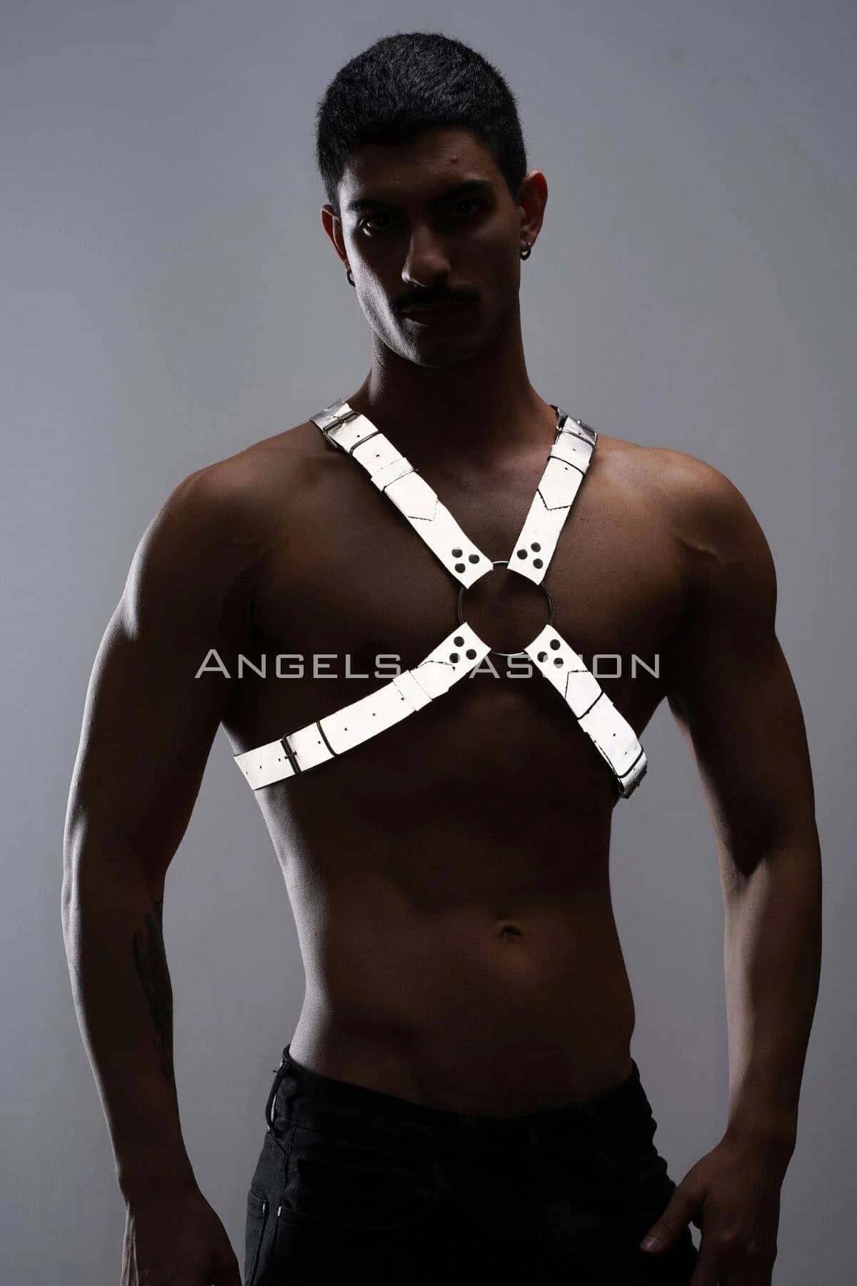 Back view of white reflective chest harness showing metal buckle closure and strap adjustment