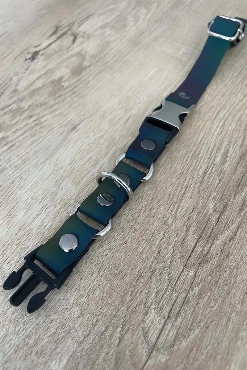 Adjustable pin-buckle closure on black-backed rainbow reflective choker