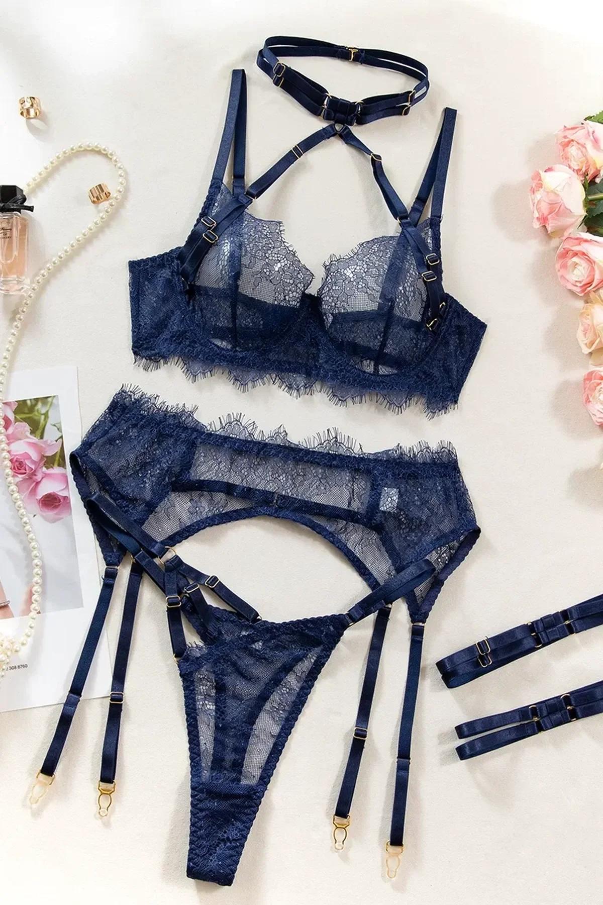 Soft Silky Lace 4-Piece Lingerie Set - Floral Embroidery, Strappy Panties