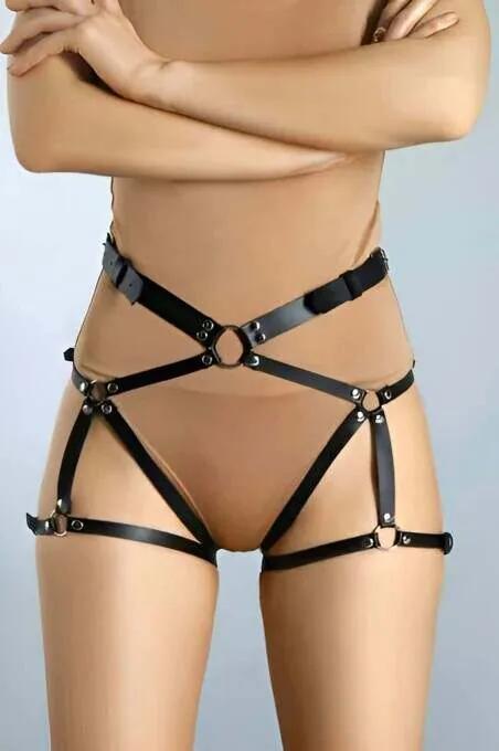 black faux leather full body harness with central O-ring and dual thigh garter straps front view