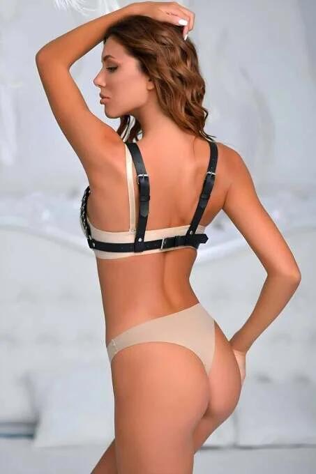 Black vegan leather adjustable chest and waist body harness with silver buckles and cage-style back straps