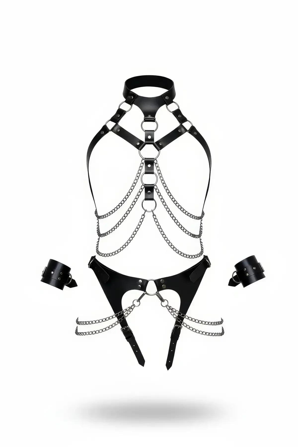 siyah vegan deri harness takım boyunluklu gümüş zincir detaylı O-ring tokalı bilek kelepçe seti