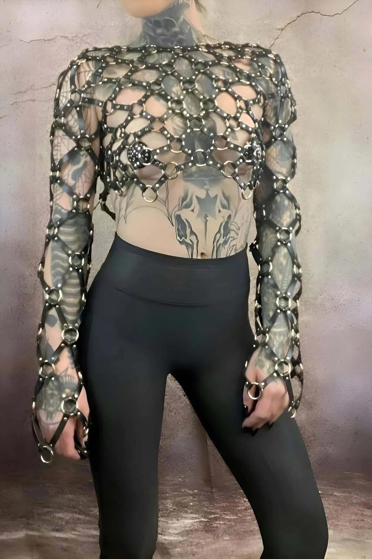 black faux leather full body harness with diamond lattice cage sleeves and silver O-rings at each junction