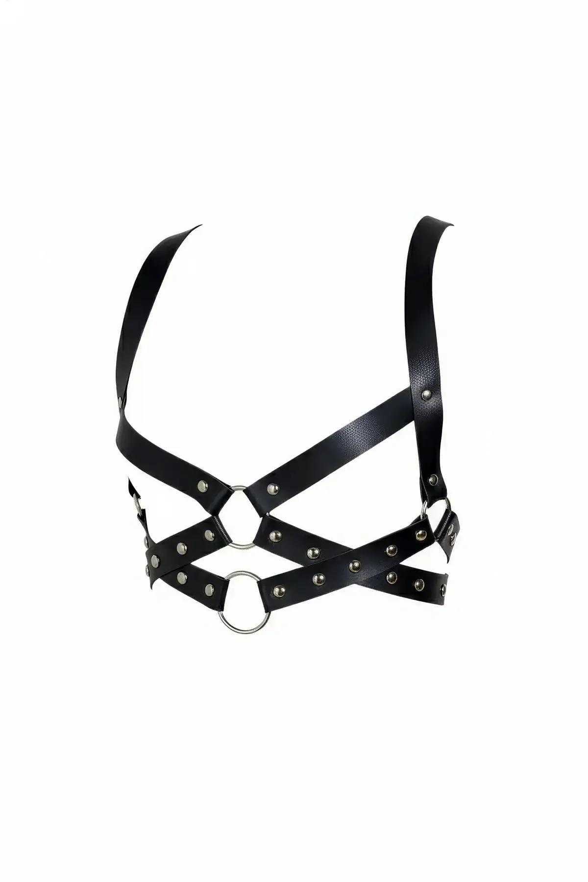 Zımba detaylı siyah vegan deri vücut harness gümüş O-ring ve çapraz bant yapısı