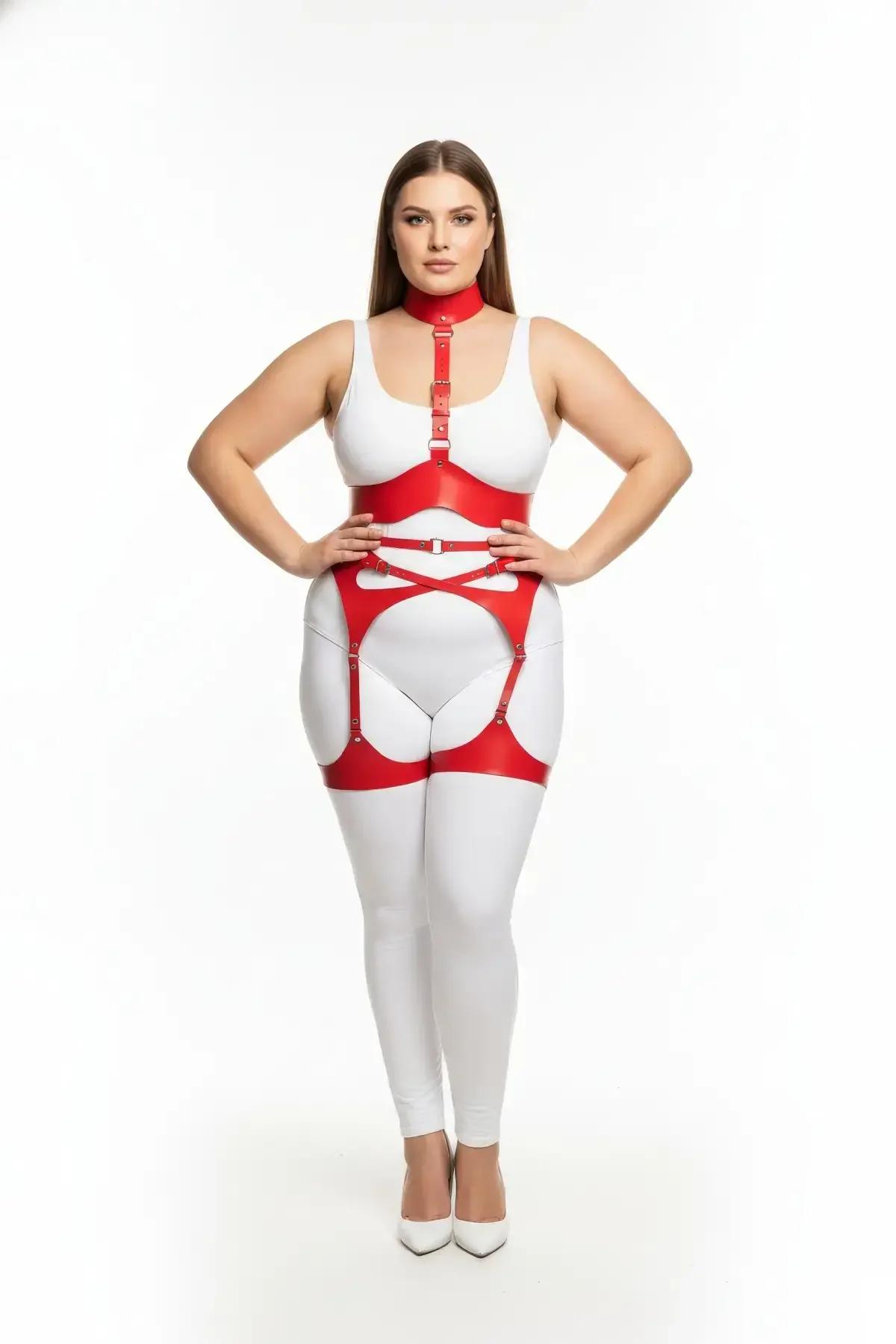 Kırmızı vegan deri büyük beden harness takım, boyunluk ve jartiyer kemeri dahil 4 parçalı set