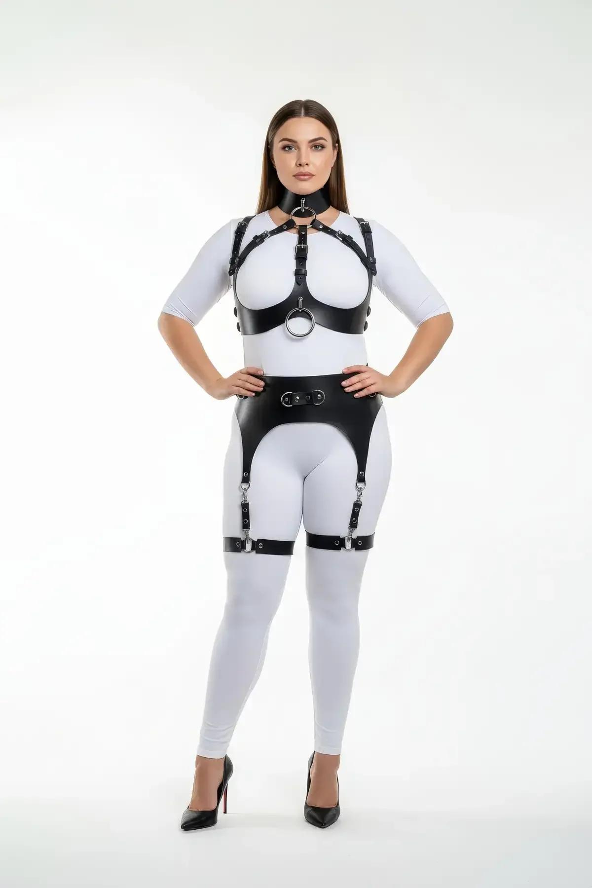 siyah PU vegan deri full body harness takım gümüş O-ring ve jartiyer bantlı büyük beden kadın aksesuar