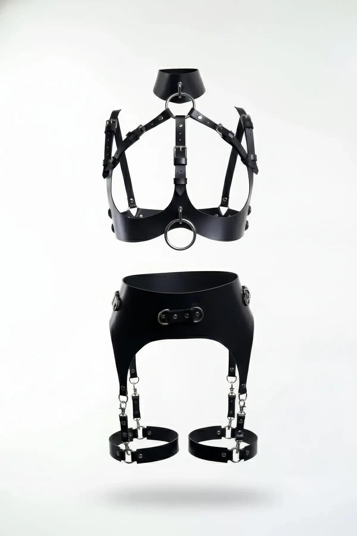 Siyah vegan deri harness takım boyunluklu üst harness ve bacak halkası detaylı alt harness gümüş O halka