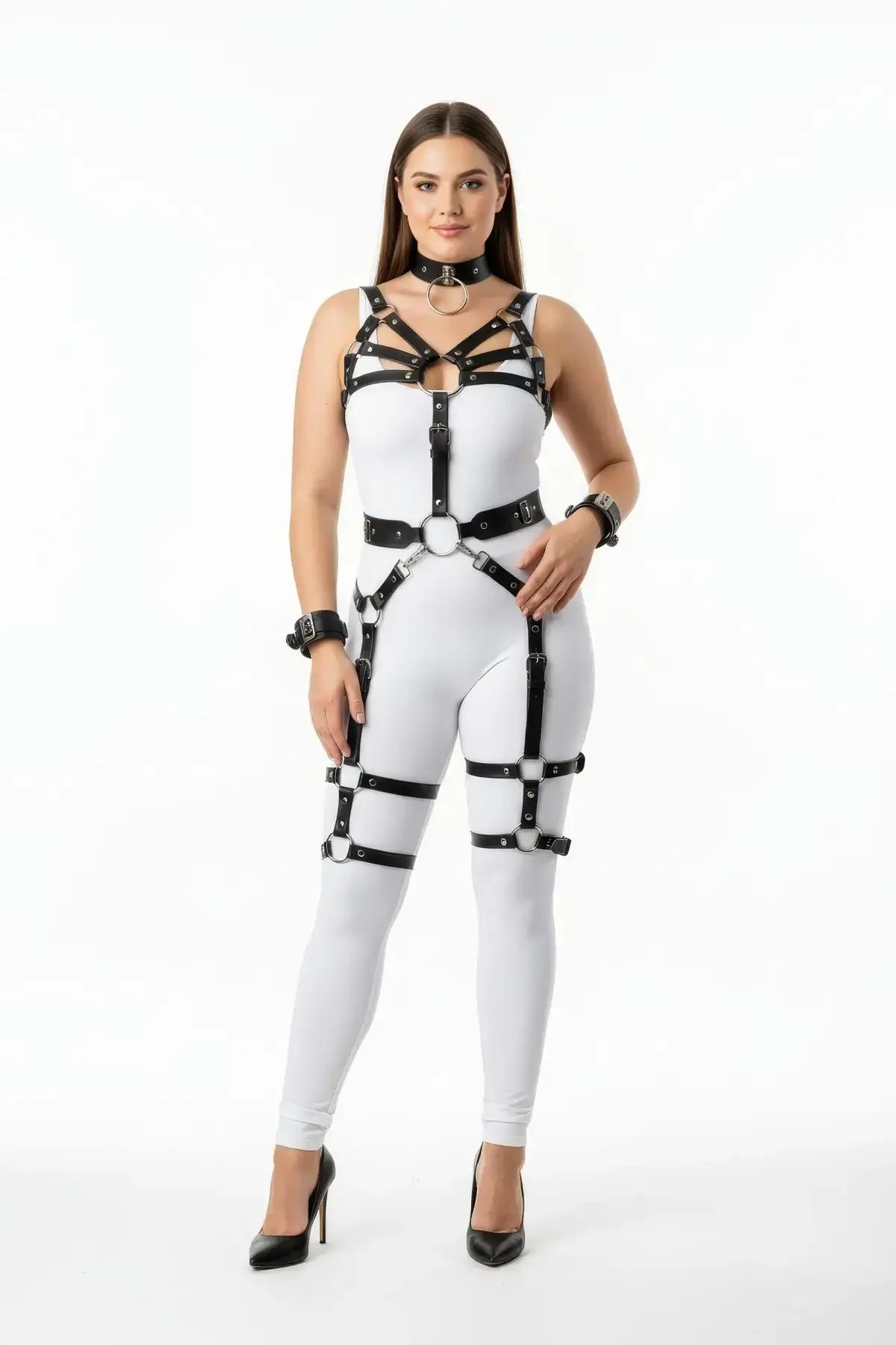 siyah vegan deri full body harness takım büyük beden gümüş O-halka ve metal toka beş parça