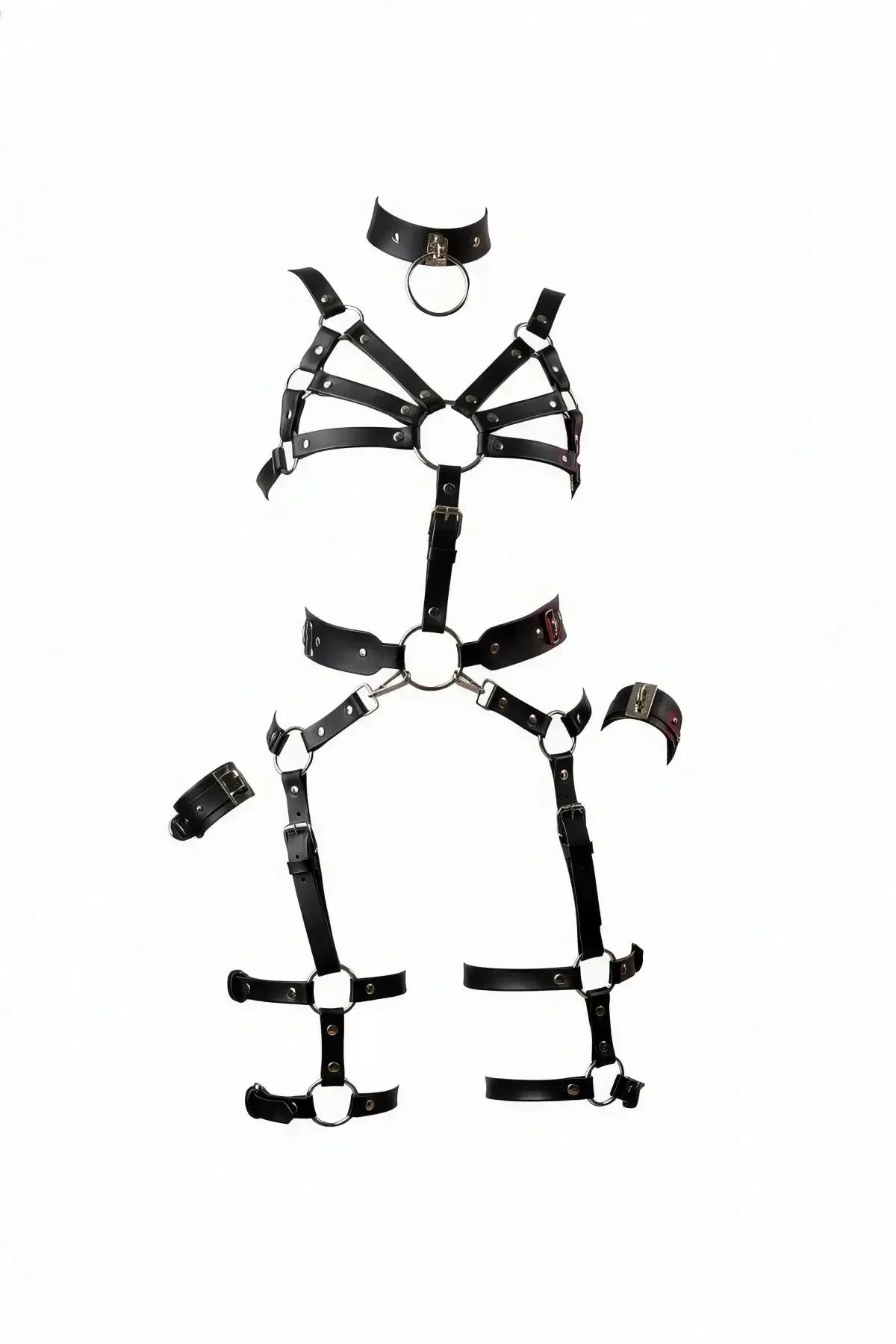 siyah vegan deri tam vücut harness seti gümüş O-halka tokalar choker göğüs bel bacak bilek parçaları