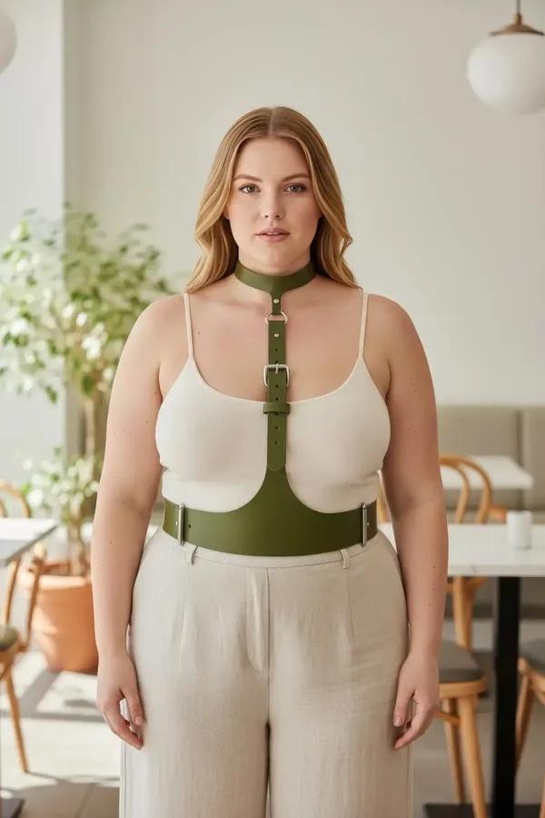 büyük beden haki vegan deri harness korse kemer, gümüş toka ve choker yaka şeridiyle ön görünüm