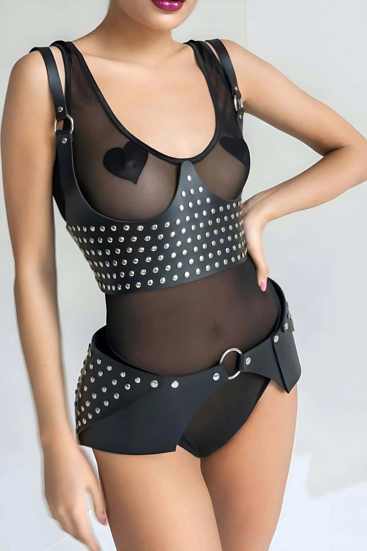 Black faux leather studded chest harness and hip skirt belt set with silver dome studs and O-ring hardware