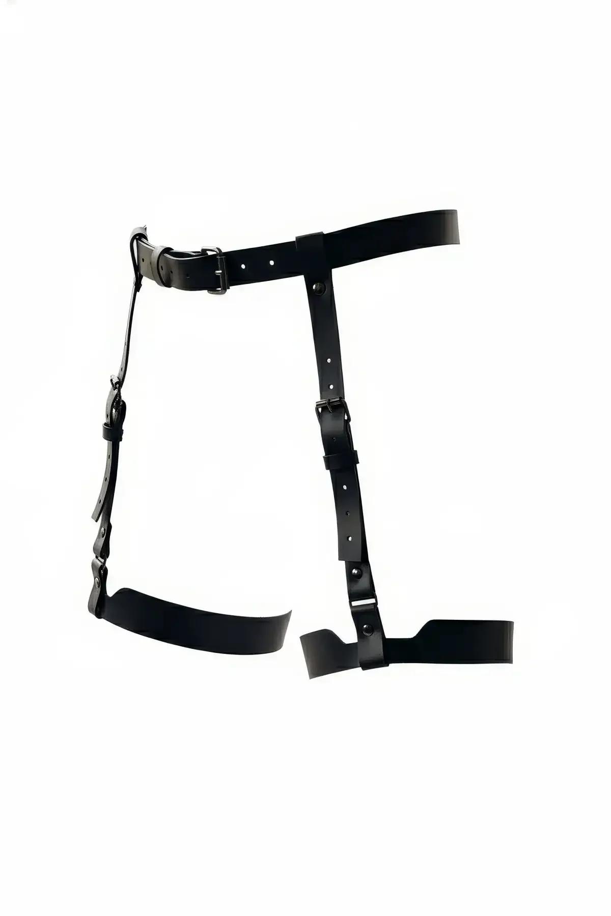 siyah vegan deri jartiyer harness ayarlanabilir bel ve uyluk bandı mat siyah metal toka