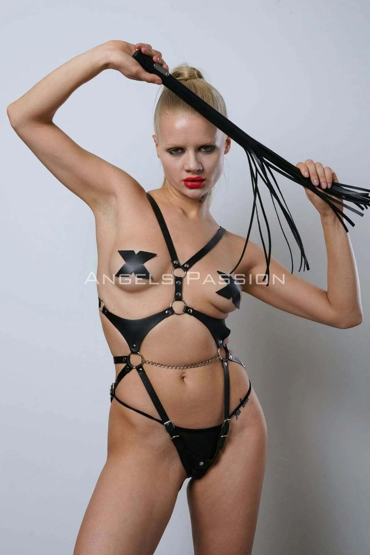 black faux leather full body harness with silver chain waist accent and O-rings, adjustable straps chest to thigh