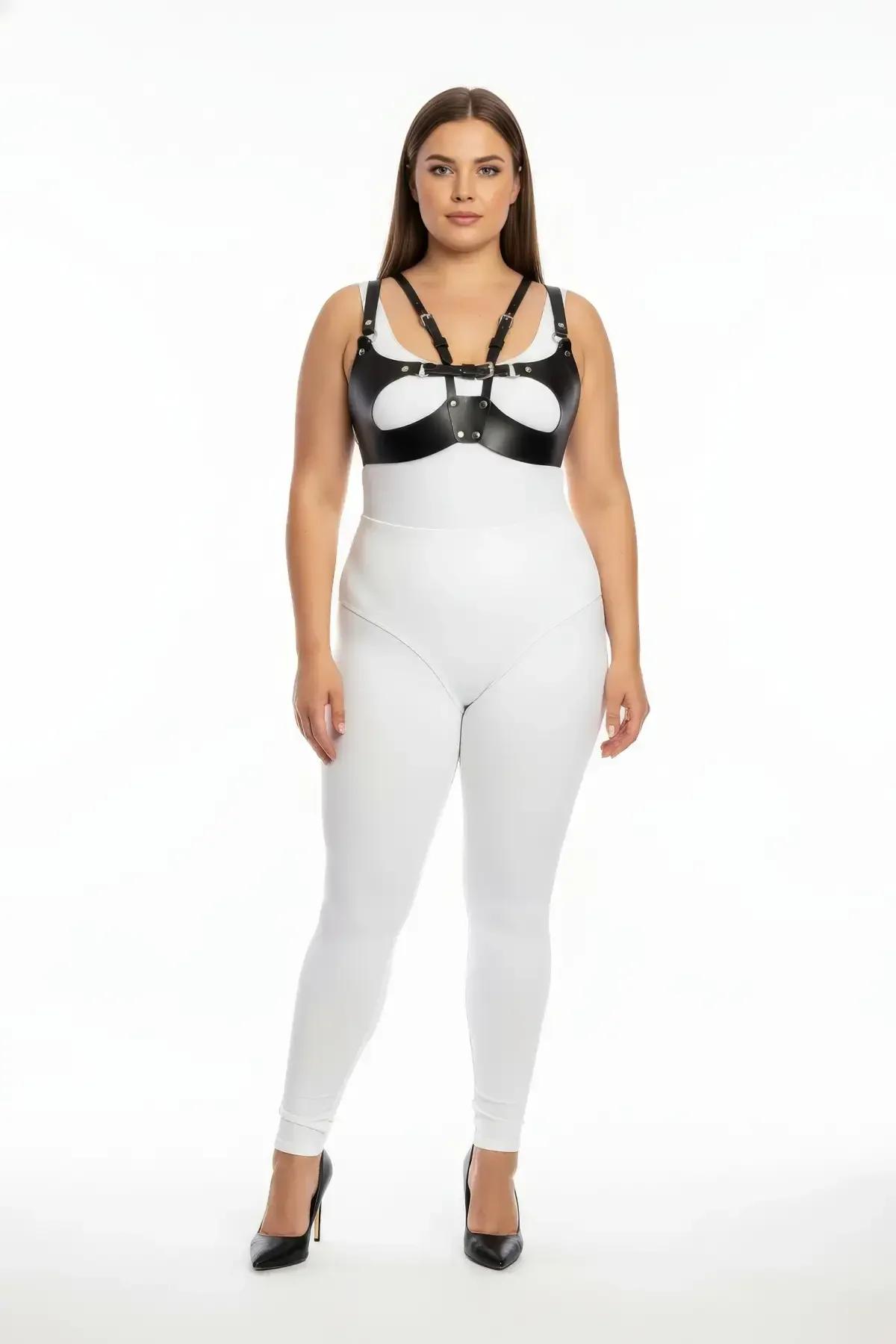 büyük beden siyah vegan deri harness takım açık kupa kafes tasarım gümüş metal toka