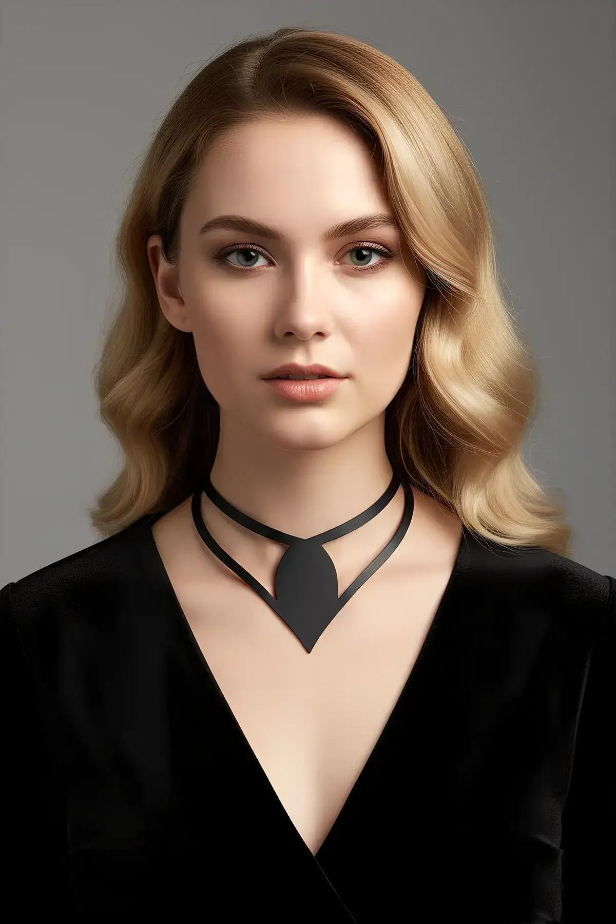 siyah mat vegan deri choker kolye damla kesim uçlu ince bant minimalist tasarım