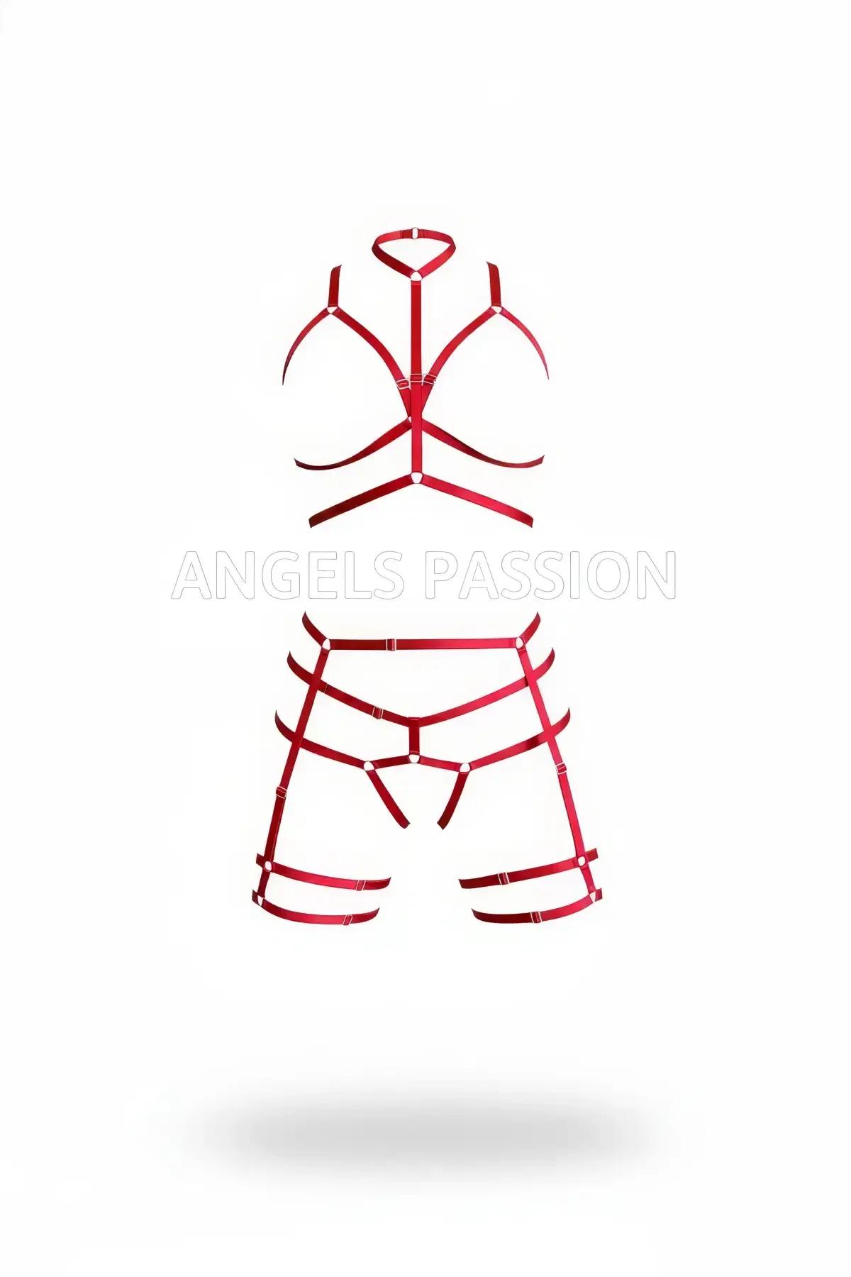 Kırmızı harness takım yüksek boyunlu metal halka detaylı, parlak elastik bantlı göğüs ve bacak harness set