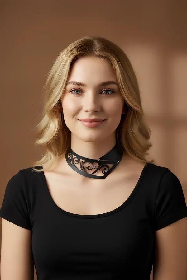 Siyah vegan deri lazer kesim arabeski motifli geniş choker, model üzerinde boyun bölgesinde, gümüş toka detayı